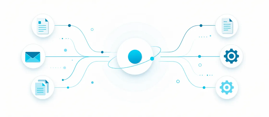 Illustration of an AI core connecting documents, email and workflow tools automatically