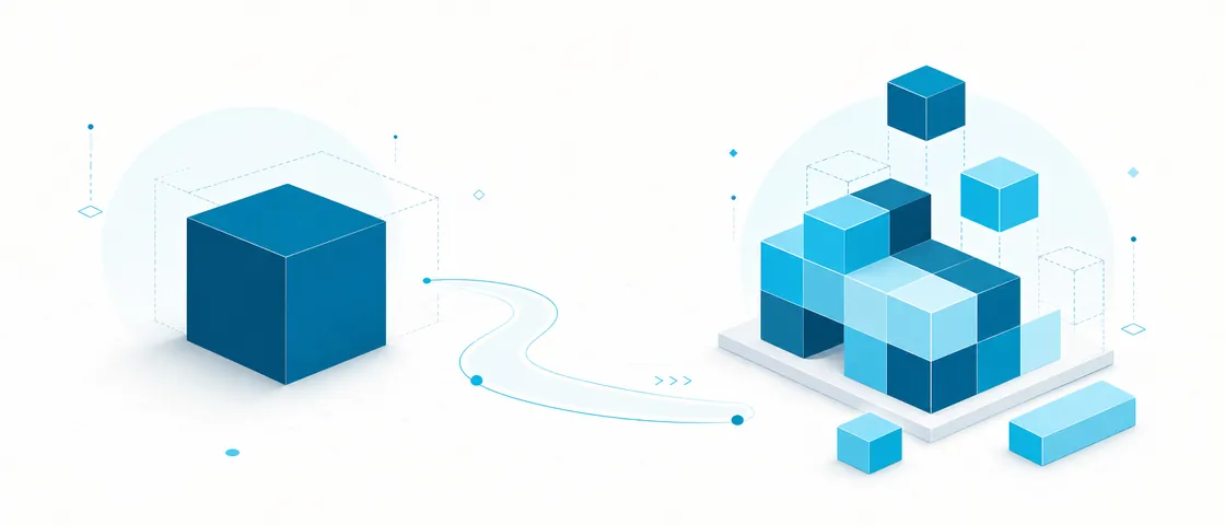 Illustration comparing a rigid off-the-shelf software box with modular custom software blocks