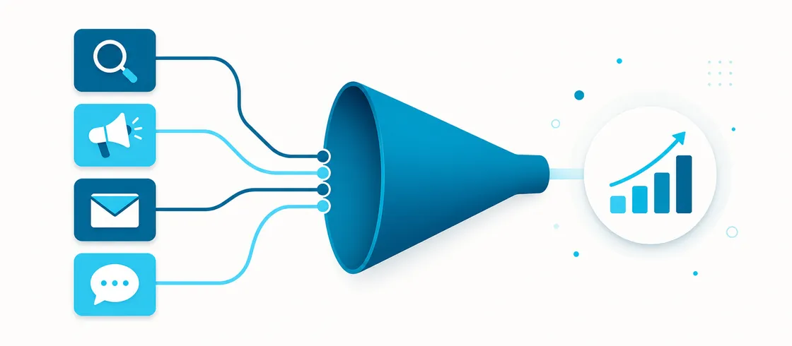 Illustration of search, social and email channels feeding one marketing funnel with rising results