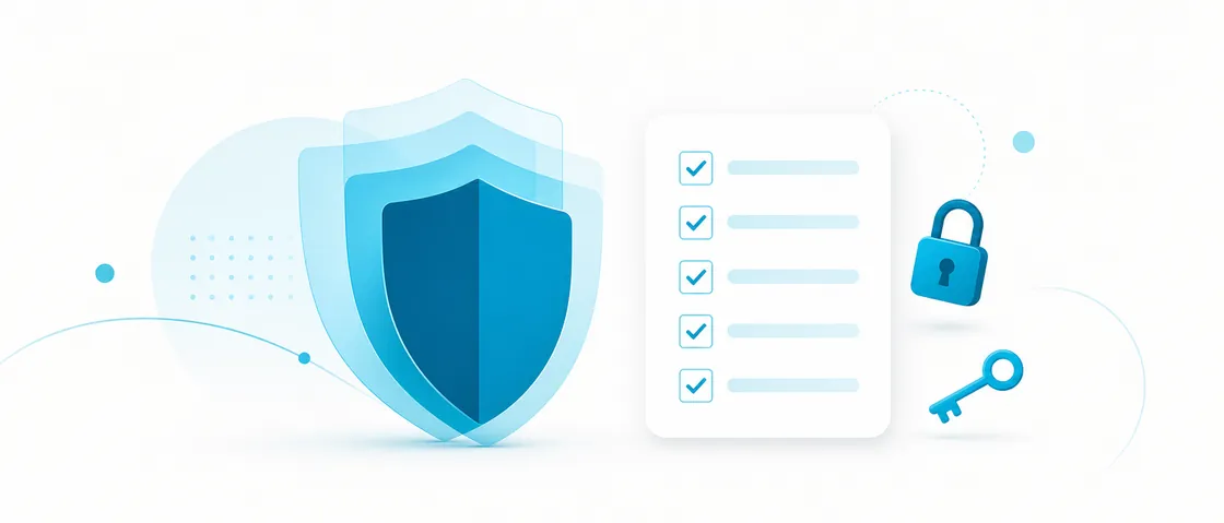 Illustration of a layered security shield beside a completed cybersecurity checklist with padlock and key