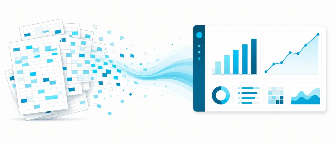 Illustration of scattered spreadsheets transforming into a clean business analytics dashboard